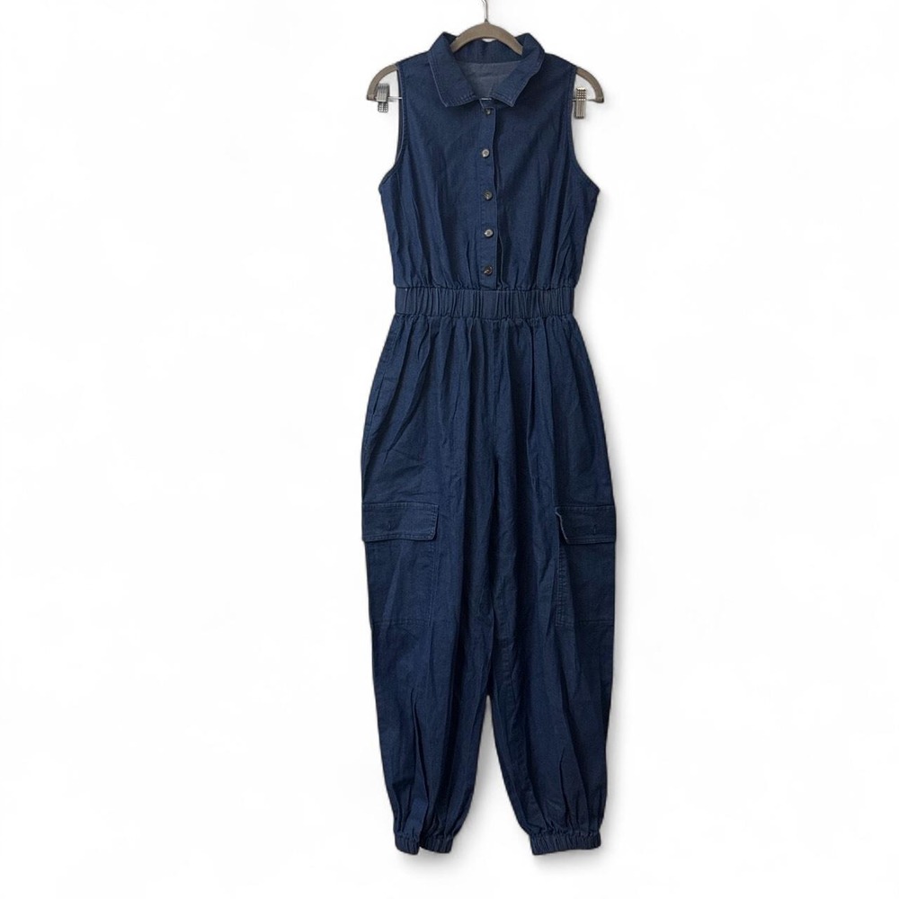 Women's Dark Wash Denim jJumpsuit with Elastic Waist and Pockets